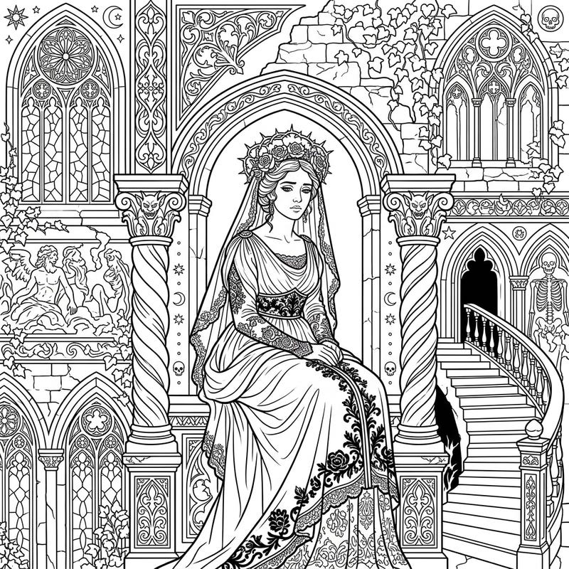 Immerse yourself in the melancholic beauty of this Renaissance Gothic coloring page. Discover intricate details of a regal figure surrounded by ornate architecture, climbing ivy, and subtle macabre elements.