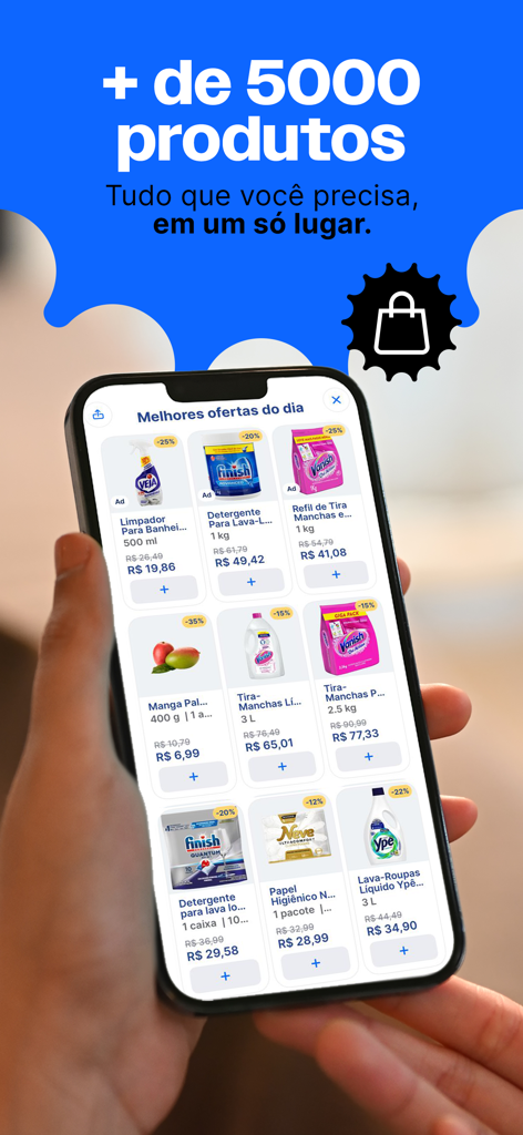 Daki | Mercado em 15 minutos - Hand holding a phone displaying daily deals for household products in the Daki grocery app