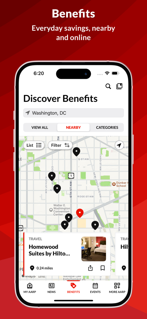 AARP Now - A mobile screen showing the AARP Now app benefits map with nearby discounts for members.
