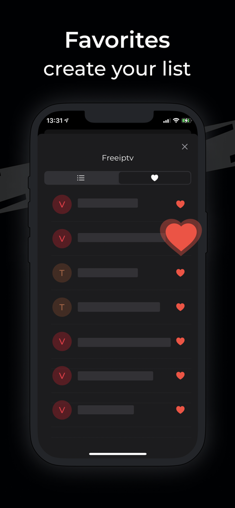XTREAM IPTV: TV Player IP + - XTREAM IPTV App-Oberfläche, die eine Liste von Lieblingskanälen im Dark Mode zeigt.