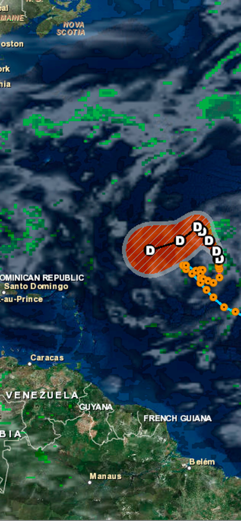 OBX Hurricane Tracker - Atlantic map showing a tropical depression path and forecast cone
