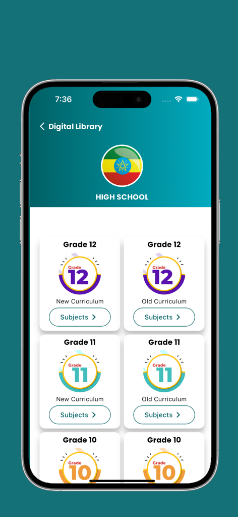 Ethio Digital Library - High school curriculum selection screen in the Ethio Digital Library app showing textbooks for grades 10 11 and 12