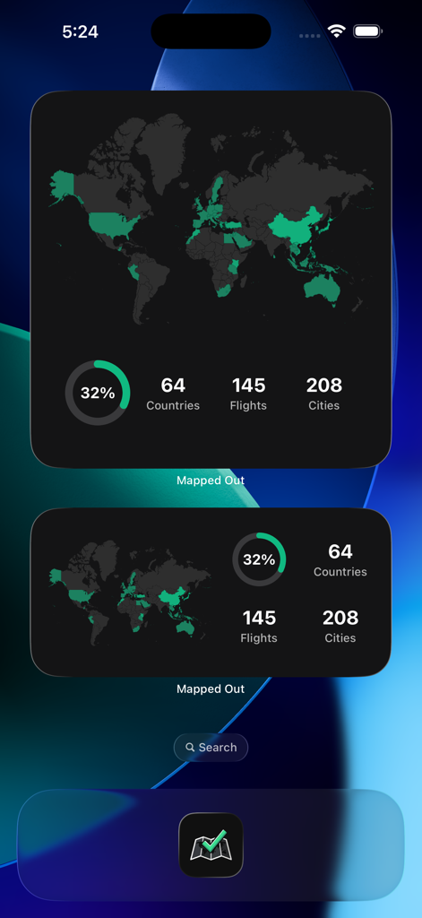 Mapped Out - Travel map - Mapped Outアプリのホーム画面ウィジェット。世界地図と、国、フライト、都市を含む旅行統計が表示されます。