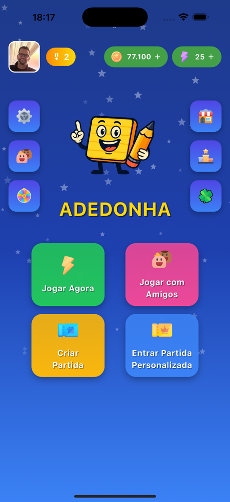 Main menu screen of the Adedonha Online mobile app showing game modes and a cartoon notepad mascot.