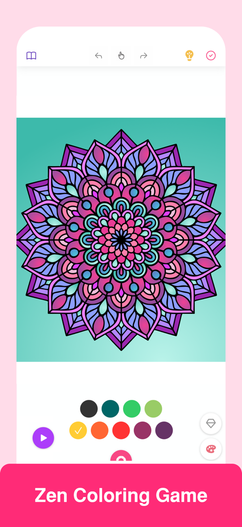 A digital interface showing a colorful mandala being colored in the Colorgram app