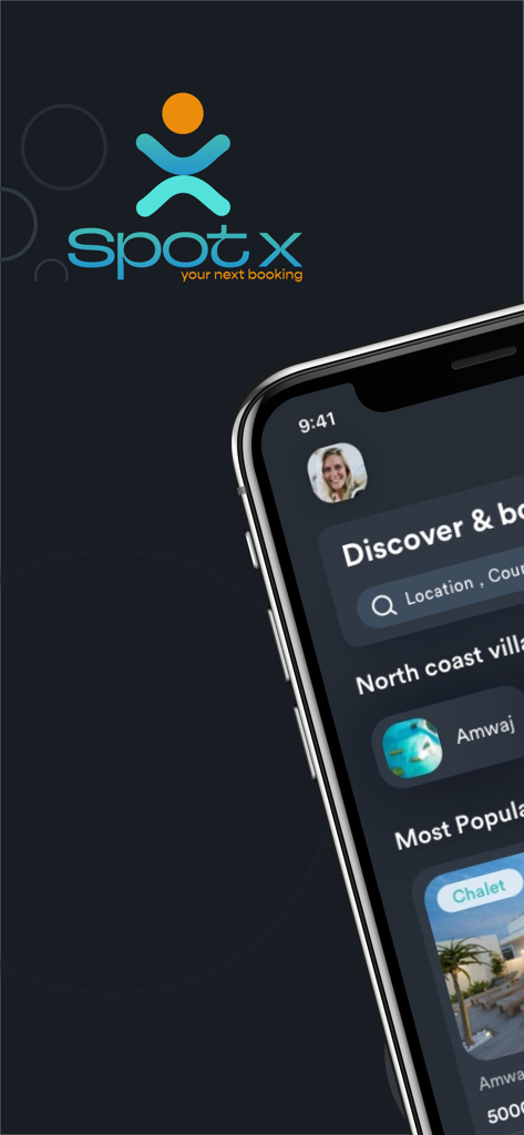Logo de l'application SpotX et interface mobile montrant la recherche de locations de vacances et les annonces de propriétés