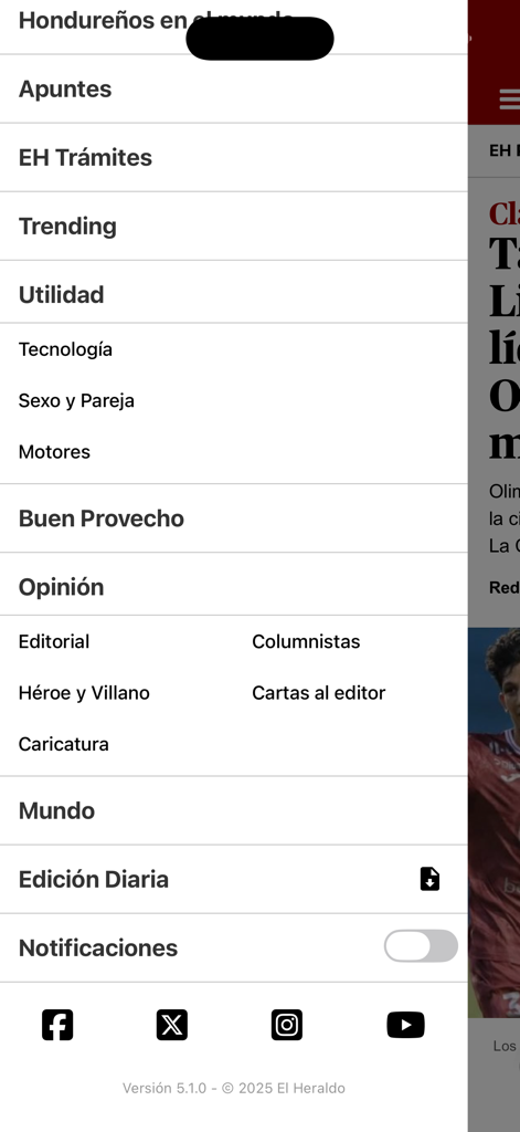 Diario El Heraldo Honduras - Side navigation menu of the Diario El Heraldo Honduras mobile app listing various news sections and social media links
