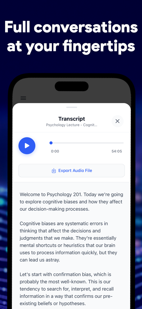 Gist: Transcribe Audio to Text - Smartphone screen showing the Gist app transcribing a psychology lecture with audio playback options.
