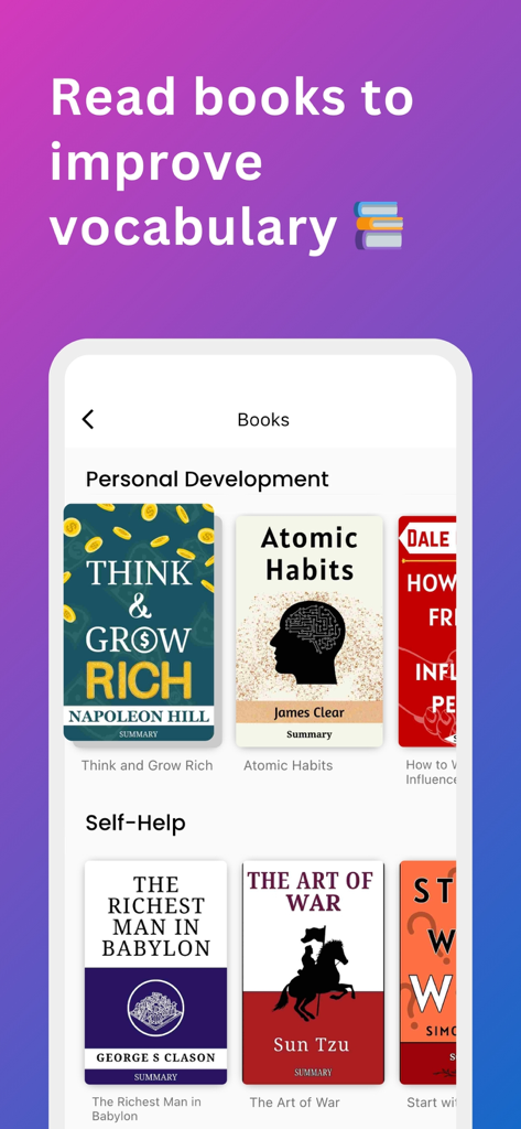 Lingopanda: Language Learning - Lingopandaアプリの画面。読書練習のために、自己啓発と自己啓発のカテゴリの本の要約が表示されています