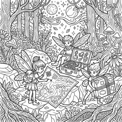Delve into a whimsical world with this intricate adult coloring page featuring enchanting pixies preparing for a grand vacation. Discover detailed maps, travel gear, and magical forest scenes perfect for a relaxing coloring escape.
