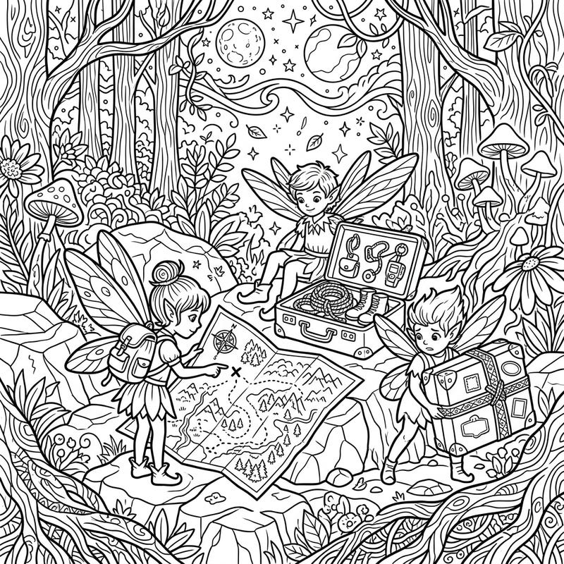 Delve into a whimsical world with this intricate adult coloring page featuring enchanting pixies preparing for a grand vacation. Discover detailed maps, travel gear, and magical forest scenes perfect for a relaxing coloring escape.