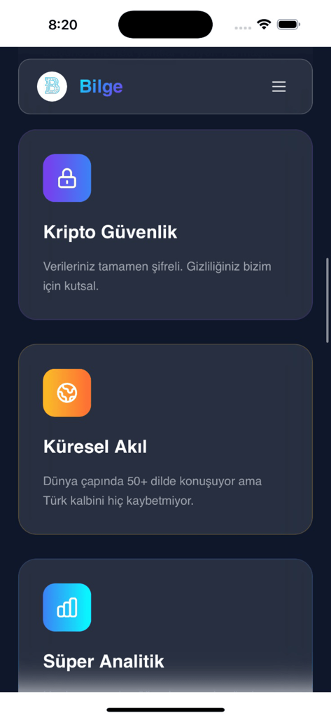Bilge AI - Türk Yapay Zeka - Interface of Bilge AI showing security and global intelligence features in Turkish