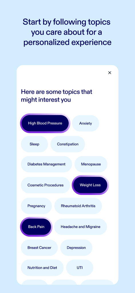 Health Answers by Pfizer - A screen in the Health Answers by Pfizer app where users select medical topics like weight loss and anxiety for a personalized health feed.