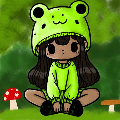 a girl wearing a frog hat and some frog socks