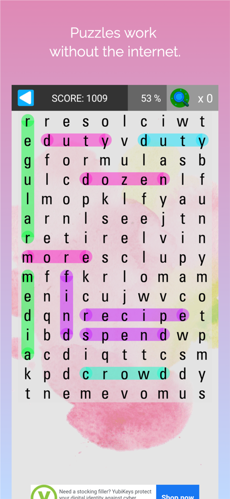 busca palabras: word search - Captura de pantalla del juego de la aplicación de sopa de letras que muestra varias palabras de colores resaltadas en una cuadrícula de letras con un fondo de acuarela rosa.
