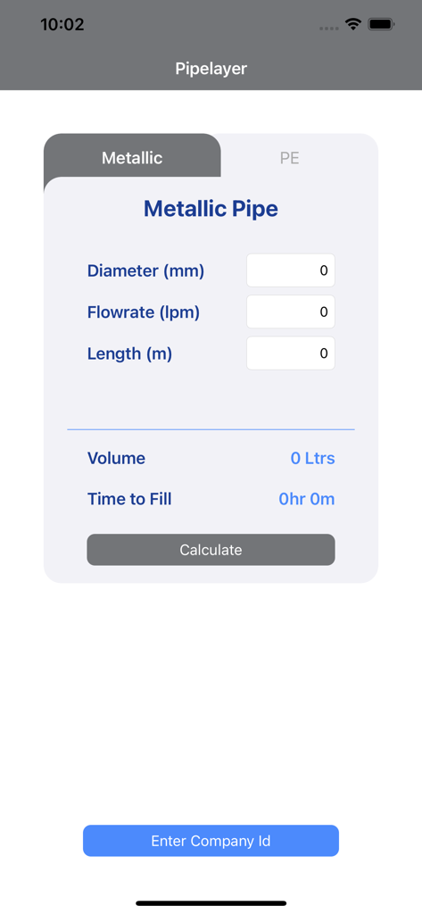 Pipelayer - Écran de l'application Pipelayer montrant un calculateur de volume de tuyau métallique et de temps de remplissage avec des champs pour le diamètre, le débit et la longueur.
