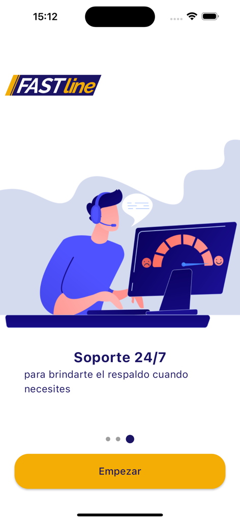 FASTLINE TAXI - Écran de l'application Fastline Taxi mettant en évidence le support client 24h/24 et 7j/7 avec une illustration d'un représentant du service.