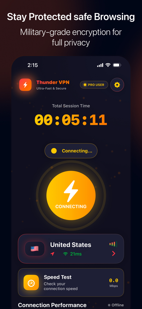 Thunder VPN - Proxy Unlimited - Thunder VPN app screen showing the connecting status to a US server with session time
