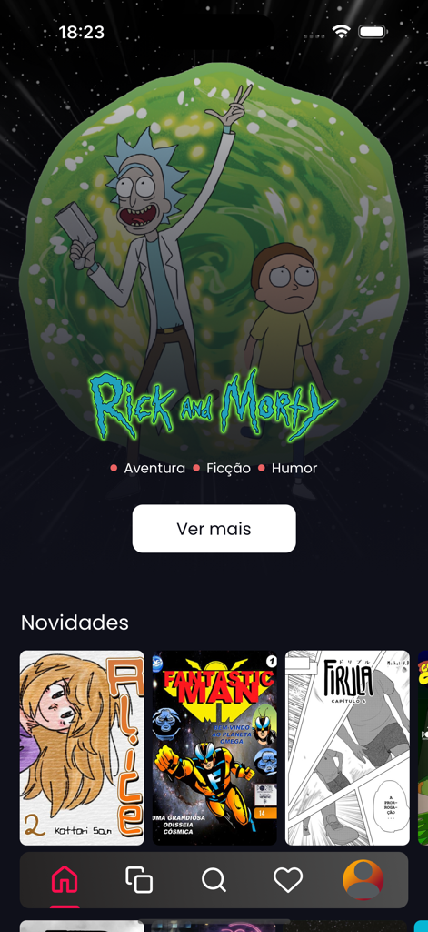 Super Comics app interface featuring Rick and Morty and a gallery of new comic book releases.