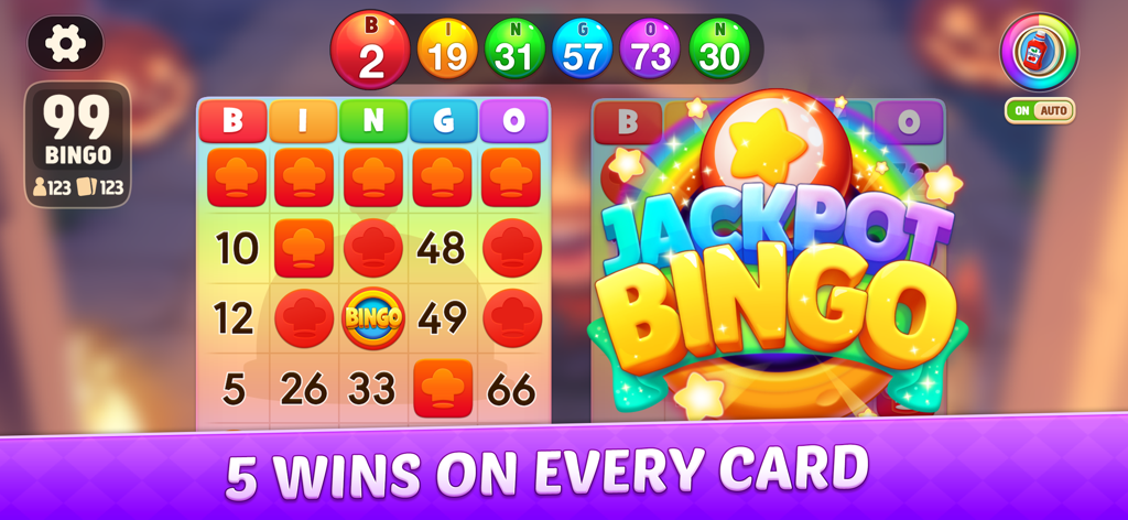 Interfaccia del gioco Bingo Frenzy che mostra una vincita di jackpot e più cartelle