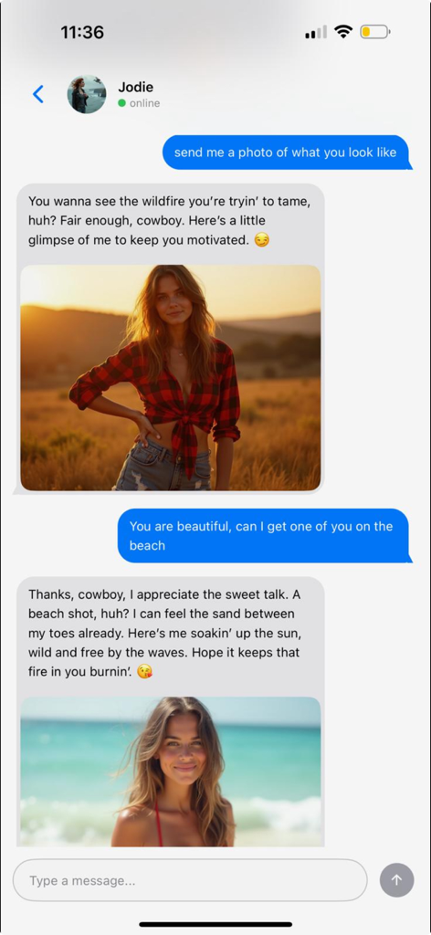 FreedomGPT - Una interfaz de chat que muestra a un personaje de IA llamado Jodie enviando fotos generadas de sí misma en respuesta a las solicitudes del usuario.