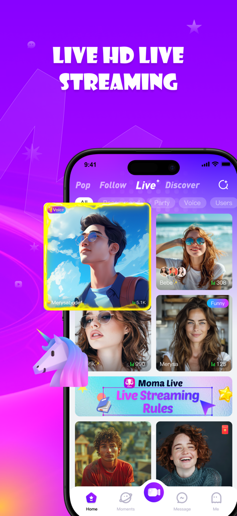 Moma Live App-Oberfläche mit Live-HD-Streaming-Profilen und Social-Discovery-Optionen.