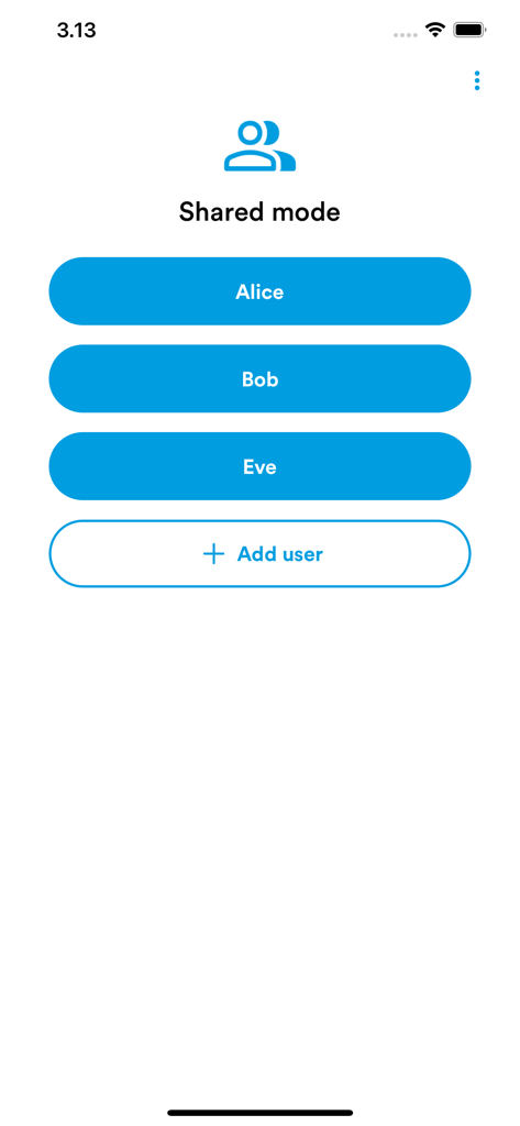 SoloID Authenticator - SoloID Authenticator app interface showing shared mode with multiple user profiles
