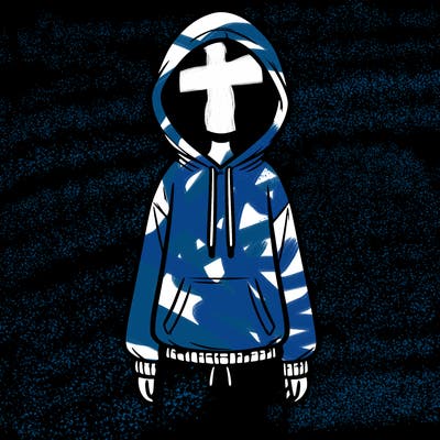 faceless girl in a tracksuit with a hood on and no hair