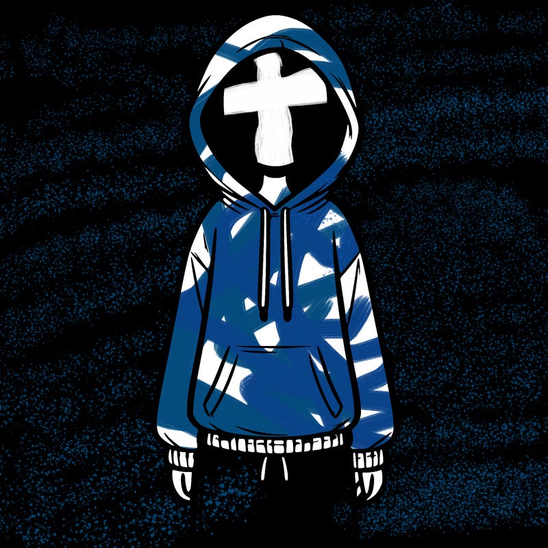 faceless girl in a tracksuit with a hood on and no hair