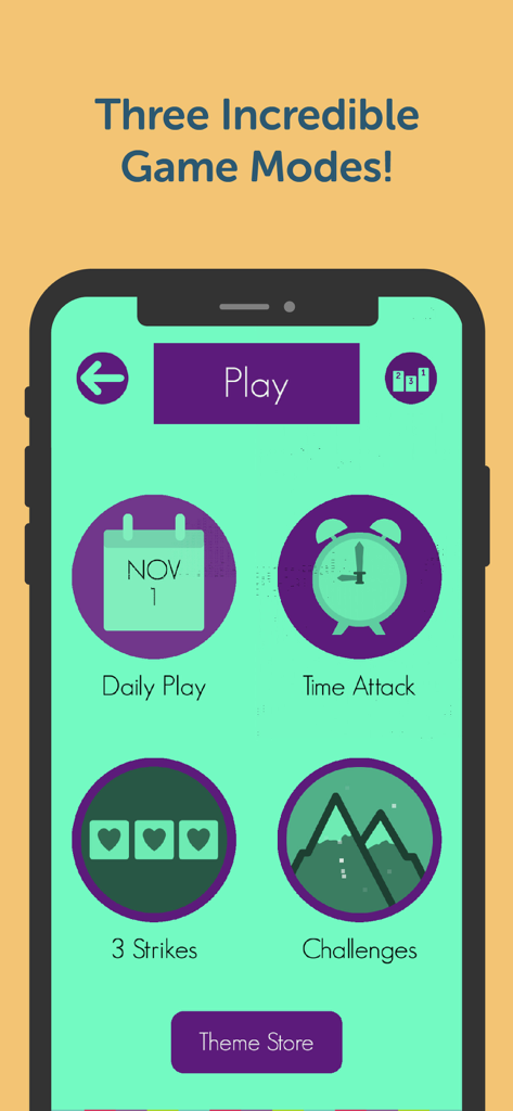 Spell Me app screen showing game modes including Daily Play Time Attack 3 Strikes and Challenges
