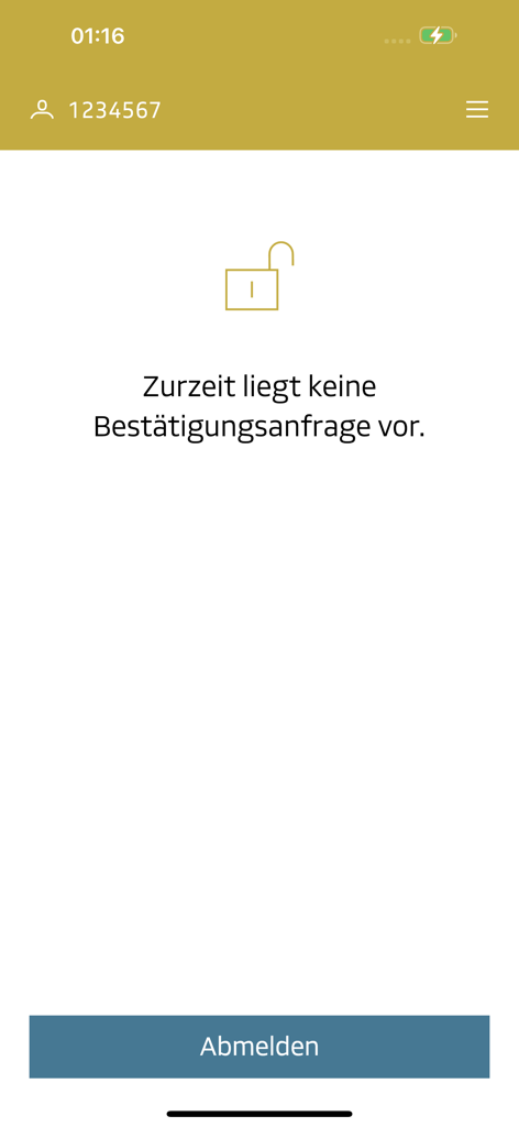 DVAG Login - Die Benutzeroberfläche der DVAG Login App, die keine ausstehenden Bestätigungsanfragen und eine Abmeldeschaltfläche anzeigt