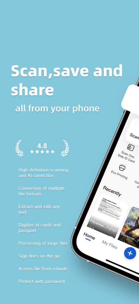pScanner:PDF Document Scanner - Interface of pScanner app showing document scanning and management features on a smartphone