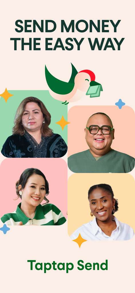 Taptap Send: Money Transfer - Taptap Send promotional graphic featuring diverse people and the slogan Send Money The Easy Way