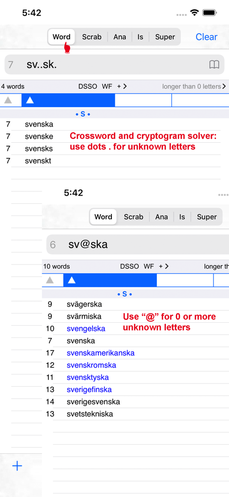 Svenska  Words Finder PRO - Screenshot of Svenska Words Finder PRO demonstrating how to use dots and at-signs for wildcard word searches to solve crossword puzzles.