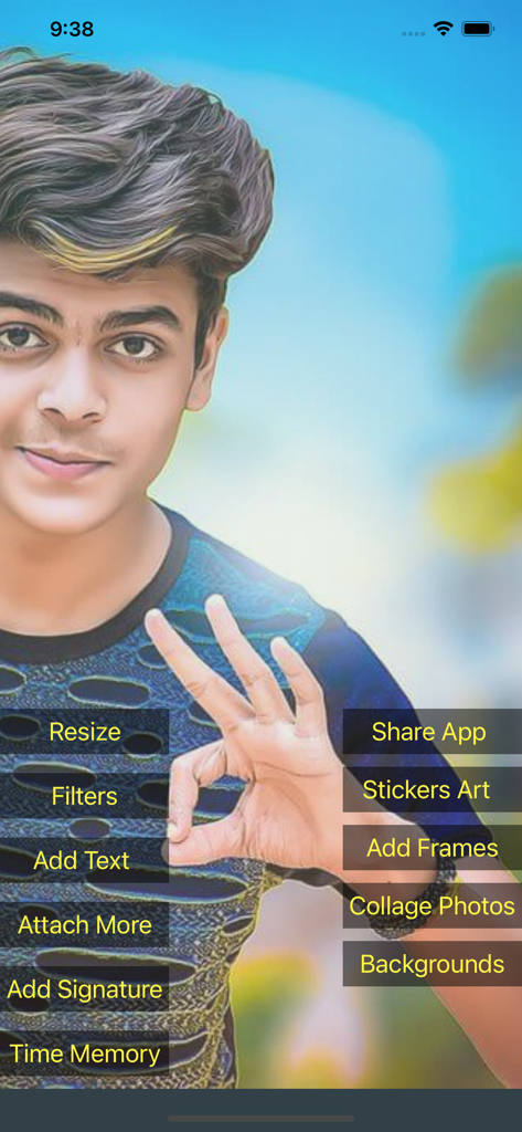 Interface do editor de selfie Photo Lab mostrando várias opções de edição sobre um retrato