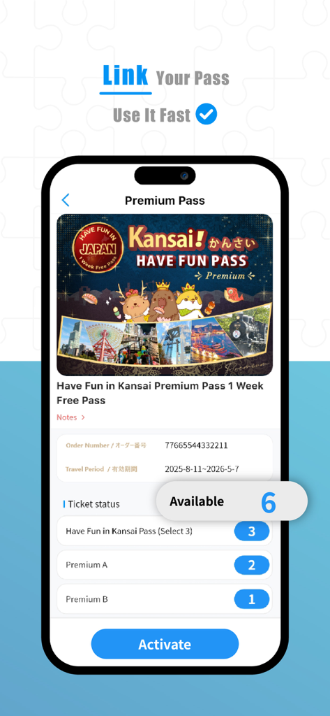 Mobile app screen for linking and activating a Kansai travel pass