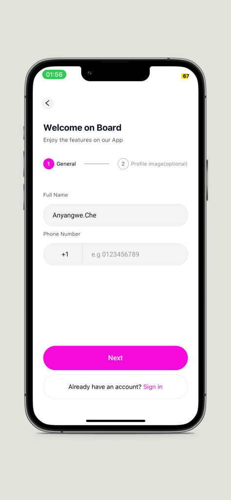 Seemeglobal app registration screen showing fields for full name and phone number with a bright pink next button.