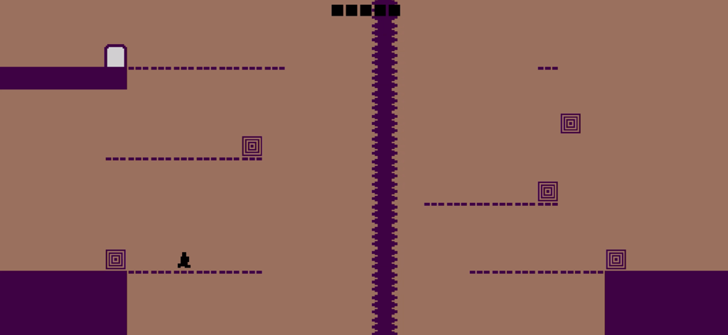 Level Devil - NOT A Troll Game - Un nivel minimalista de plataformas en Level Devil con un obstáculo central de púas verticales y trampas cuadradas.