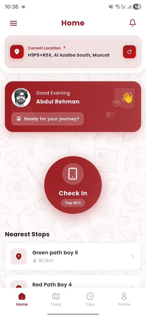 Mwasalat Shuttle - Pantalla de inicio de Mwasalat Shuttle con saludo al usuario y botón de check-in NFC