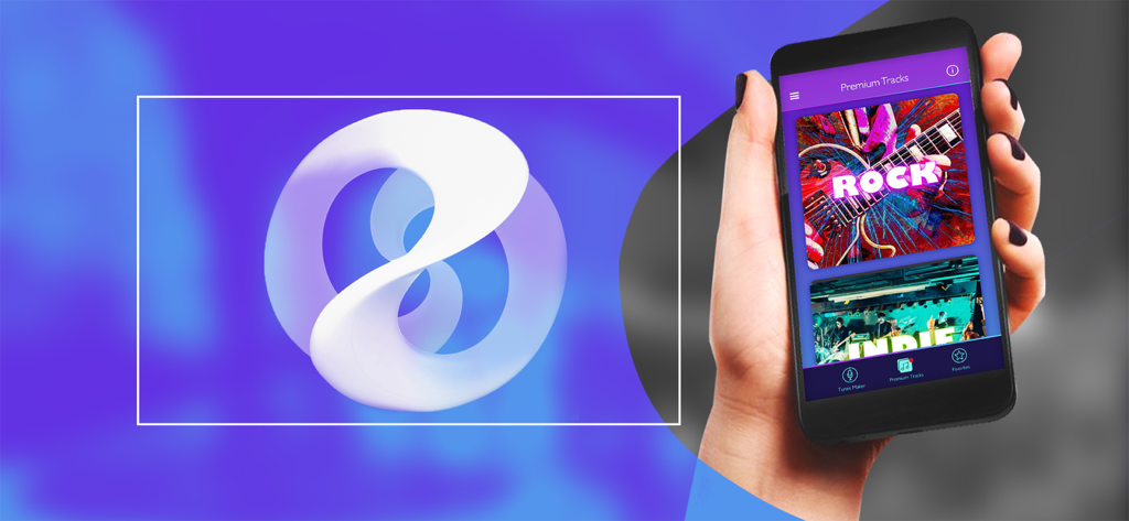 A hand holding an iPhone displaying the Ringtones for iPhone Infinity app with music categories.