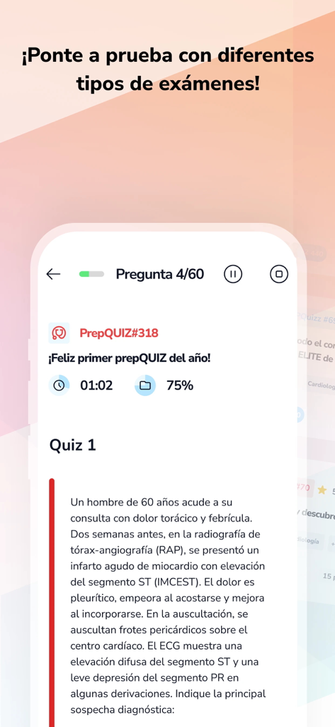 prepMIR - Écran d'application mobile montrant une question d'entraînement pour l'examen de résidence médicale avec un chronomètre et un indicateur de progression