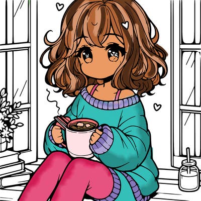 cute anime girl reading book and drinking hot chocolate from mug with loose wavy hair wearing a baggy sweatshirt and shorts sitting by windowsill looking out