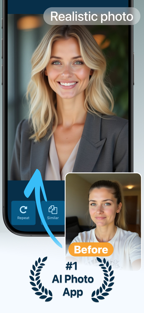 AI Professional Headshot Photo - Comparación de antes y después de un selfie casual transformado en un retrato profesional realista con IA