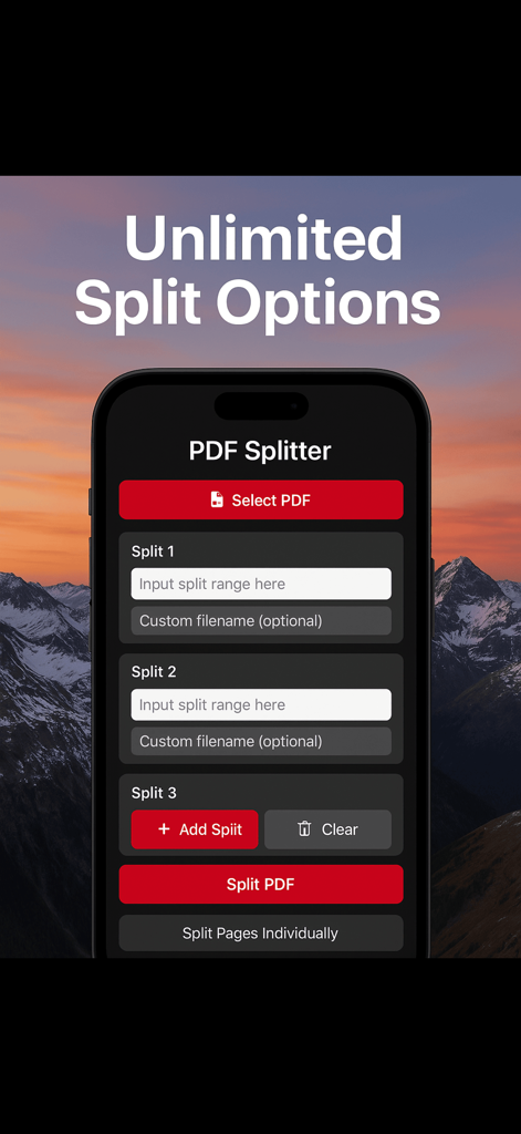 PDF Splitter 2025 - PDF Splitter 2025 app interface showing multiple split options and custom page range fields