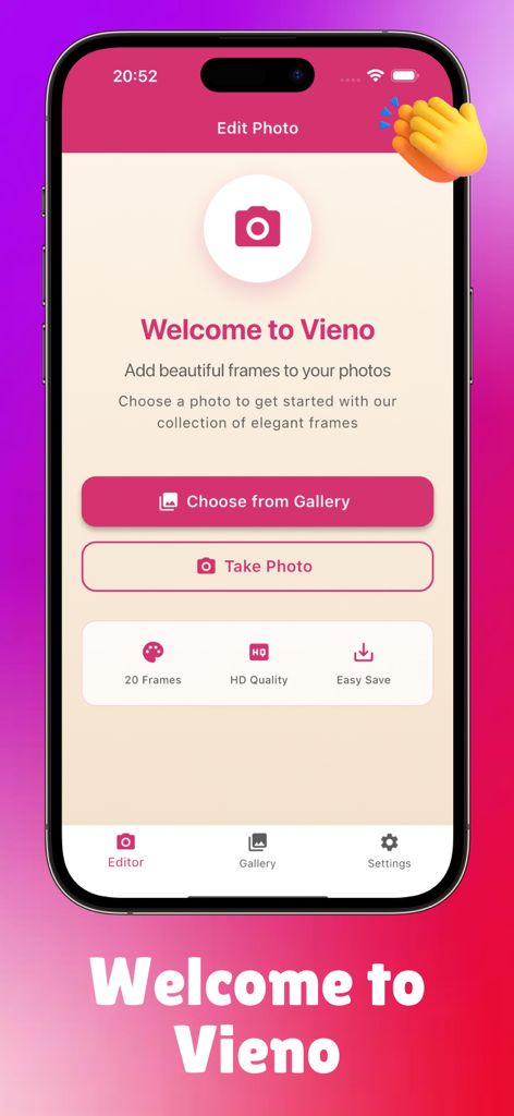 Vieno - Tela de boas-vindas do aplicativo de molduras de fotos Vieno com tema vermelho morango e botões para escolher uma foto ou tirar uma foto.