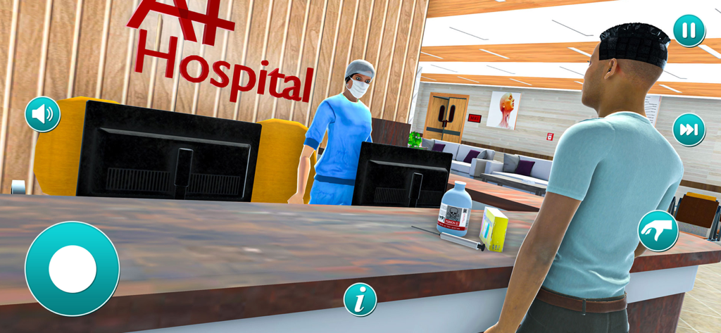 Doctor Game Surgeon Hospital - Personaje interactuando con una enfermera en el mostrador de recepción del hospital en un juego de simulación de cirujano