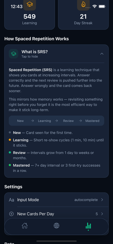 Dashboard of GeoWiz app showing spaced repetition explanation and learning stats.