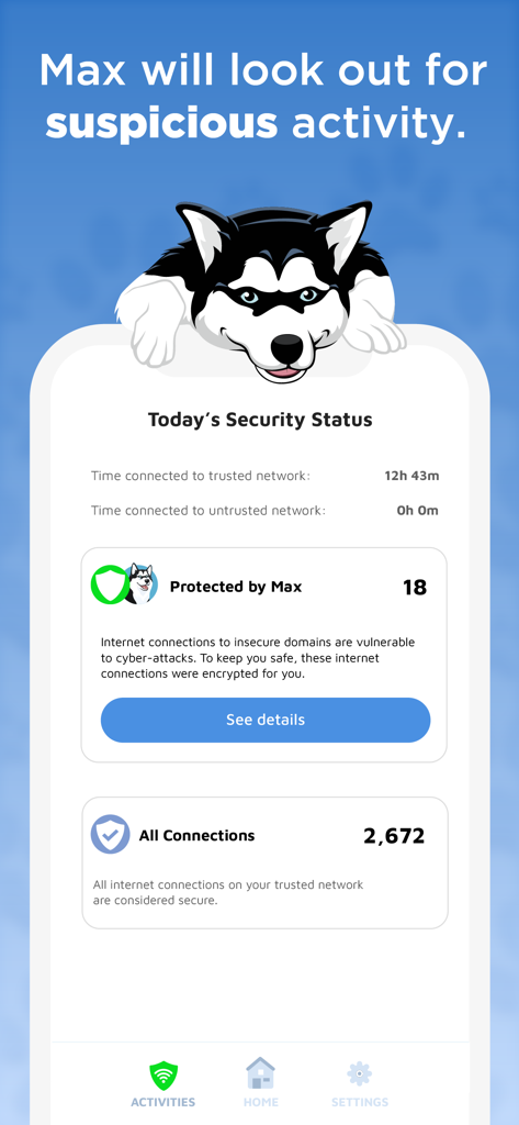 Phone Guardian app activities screen showing daily security status and protected internet connections with Max the Husky mascot