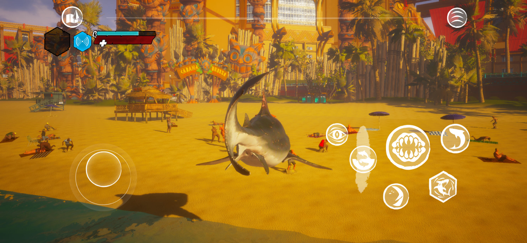 A bull shark on a crowded resort beach in the Maneater mobile game.