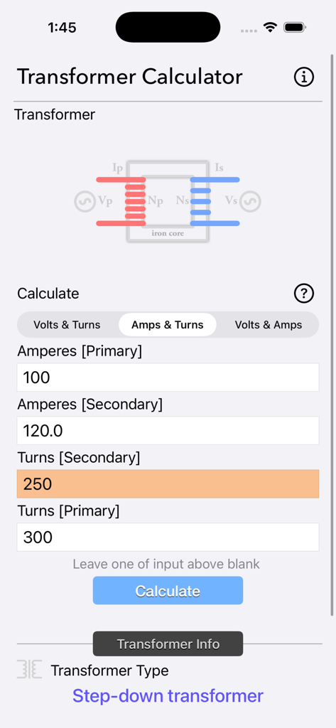 Interface of Transformer Calculator Plus showing a step-down transformer calculation for current and turns.